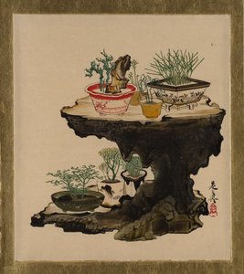 Lackmålningar med olika motiv: bonsai av Shibata Zeshin