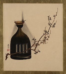 Lackmålningar av olika ämnen: Plommongren med oljelampa, 1882. av Shibata Zeshin