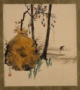 Lackmålningar av olika ämnen: Snow Shelter for a Tree with Sparrow, 1882. av Shibata Zeshin