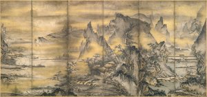 Japanska: 『式部輝忠筆 四季山水図屏風 室町時代 』 Landskap av de fyra årstiderna, en av ett par av Shikibu Terutada