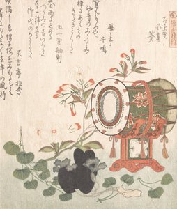 Aoi-växt, körsbärsblommor, trumma och Eboshi-hatt som representerar Aoi-kapitlet av ..., 1800-talet.