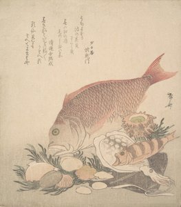 Stora och små fiskar som simmar bland snäckor och mossa vid havets botten, ca. 1830., ca. 1830.