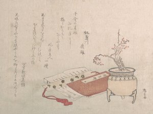 Potted plum Tree in Blossom and Books, 1800-talet., 1800-talet. av Shinsai
