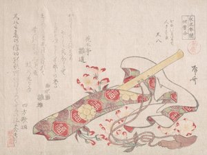 Shakuhachi, en sorts bambuflöjt, med omslag och körsbärsblommor, 1800-talet., 1800-talet