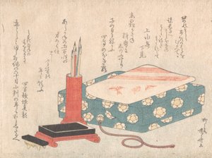 Skrivset och diktkortlåda Shikishi-bako, från Spring Rain Surimono Album Har..., ca. 1805-10. av Shinsai