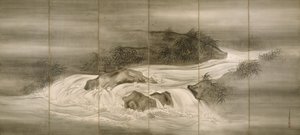 Flodlandskap med eldflugor av Shiokawa Bunrin