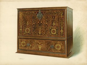 Skåp inlagt med Marqueterie, egendom av Sir George Donaldson (chromolitho)