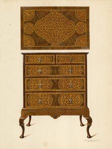Byrå inlagd med Marqueterie (chromolitho) av Shirley Charles Llewellyn Slocombe