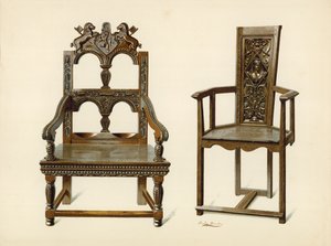 Cacqueteuse-stol i ek, Percy Macquoids egendom; stol i idegran, hertigens av Leeds egendom (kromolitho). av Shirley Charles Llewellyn Slocombe