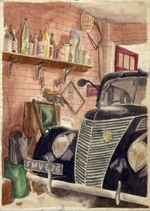 Bil i garage, c1950. av Shirley Markham