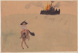 Flicka på häst som flyr flammande fort, c1941. av Shirley Markham