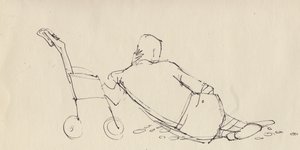 Man lutad mot barnvagn på stranden, c1950.