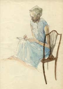 Sittande kvinna skriver, 1952. av Shirley Markham