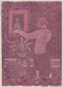 Kvinna som vattnar växter, c1951. av Shirley Markham