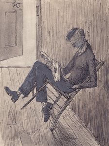 Ung man lutar sin stol mot en vägg, 1952. av Shirley Markham