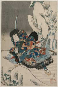 Nakamura Utaemon IV som en krigare som står i snön av Shunbaisai Hokuei