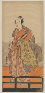 Kabuki skådespelare Ichikawa Monnosuke II håller en Gagaku Dancers hjälm och mantel, Edo-period, ca 1780-talet (träblock i färg) av Shunjo