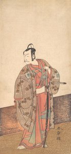 Skådespelaren Ichikawa Danjuro V står inne i ett hus och framför en engawa, ca. 1772. av Shunsho