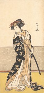 Skådespelaren Nakamura Riko, som en kurtisan med ett svärd, ca. 1780.