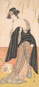 Skådespelaren Nakamura Riko som en Oiran som binder sin Obi, ca. 1779.