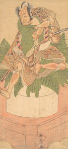 Den fjärde Ichikawa Danjuro som en Yakko tjänare sittande på en stor kaka av Mochi..., 1772. av Shunsho
