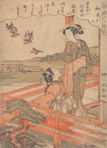 Två unga kvinnor på en veranda och tittar på plovers, ca. 1770. av Shunsho