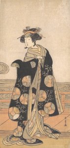 Yoshizawa Iroha som en kvinna som står på Engawa i ett hus vid en flod, ca. 1778.