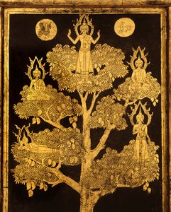 Bakpanel av ett manuskriptskåp med buddhistiska scener, troligen sen Ayutthaya-period (lackerat och förgyllt trä)