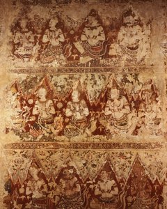 Väggmålningar som visar himmelska gudar från det tidiga 1700-talets Ayutthaya-period (måla på sten)