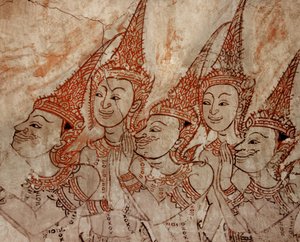 Detalj av väggmålningarna som visar himmelska gudar från den sena Ayutthaya-perioden (måla på sten)