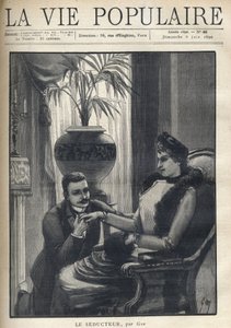 En man på knä håller i handen på en elegant kvinna som sitter i ett borgerligt vardagsrum, iklädd sin kappa, en ärm och en pälshalsduk. Illustration för Le Seducteur par Gyp (Sibylle Gabrielle Marie Antoinette Riquetti de Mirabeau, grevinna av Martel d