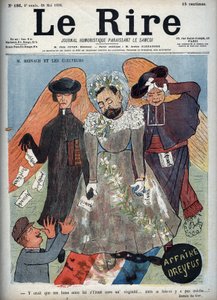 Fallet Dreyfus - M. Reinach och elektorerna - Omslag till satirtidningen "" Le Lire"" som representerar Joseph Reinach (1856-1921) fransk författare och politiker som försvarade Alfred Dreyfus (1859-1935) i Dreyfusaffären - illustration av tecknad serie av