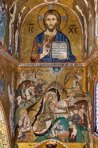 Palatinska kapellet (basilikan), södra absiden eller St Pauls "absidiola", mosaiker: "Christ Pantocrator" och "Nativity", XII-talet