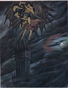 Lucifer och hans änglar skyndar sig! Påskynda! O ni andar, släp från dess station det tunga korset av järn