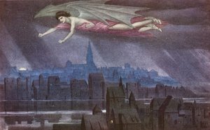 Den gyllene legenden: Lucifer flyger över staden (färglitografi) av Sidney Meteyard