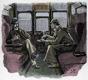 Silver Blaze: Sydney Pagets illustration av ett Sherlock Holmes-äventyr. Den berömda detektiven är representerad med Dr. Watson på ett tåg. Publicerad på "The Strand Magazine". Nyheter av Conan Doyle. 1892.