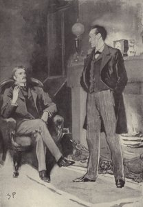 Sedan stod han vid elden: scen från Sherlock Holmes-mysteriet A Scandal in Bohemia, av Arthur Conan Doyle (litho)