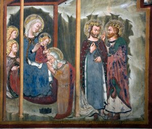 Tillbedjan av Magi Fresco av School of Siena. 1300-talet. Jungfrukapell. Klostret Saint Benedetto (Sacro Speco), Subiaco (Rom), Italien