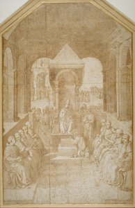 Aeneas Piccolomini kysser påven Eugenius toffel efter Pinturicchio (penna & brunt bläck med tvätt på papper) av Sienese School