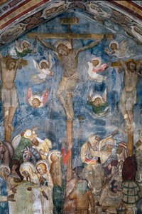 Korsfästelse av Kristus "INRI"" på korset. Detalj av en fresk av skolan i Siena av Sienese School