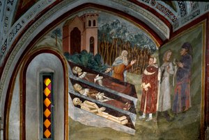 De dödas möte med levande Detalj av en fresk från skolan i Siena. 1300-talet. Klostret Saint Benoit (Sacro Speco), trappa, Subiaco (Rom), Italien
