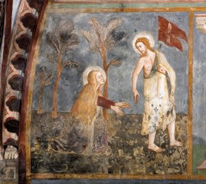 Noli me tangere (Rör mig inte). Fresk av skolan i Siena. 1300-talet. Överlägsen kyrka. Klostret Saint Benedetto (Sacro Speco), Subiaco (Rom), Italien