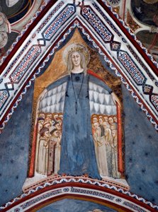 Representation av Jungfru Maria Kyrkans moder Fresk av Jungfrukapellet gjord av skolan i Siena på 1300-talet - Klostret St. Benedetto (Sacro Speco), Subiaco (Rom), Italien