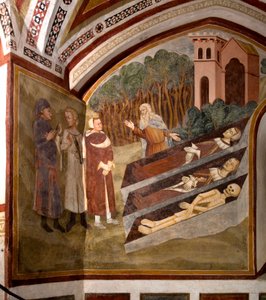Mötet mellan de tre vivorna och de tre döda (eller dikten) De tre levande och en eremit framför de tre kistorna som presenterar lik i olika stadier av nedbrytning. Detalj av en fresk av skolan i Siena (1300-talet) 1363-1366 Klostret i