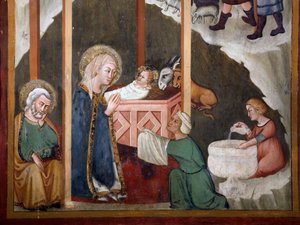 Nativite Fresco av skolan i Siena. 1300-talet. Jungfrukapellet. Klostret Saint Benedetto