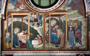 Födelse och tillbedjan av Magi Fresco av School of Siena. 1300-talet. Jungfrukapell. Klostret Saint Benedetto (Sacro Speco), Subiaco (Rom), Italien
