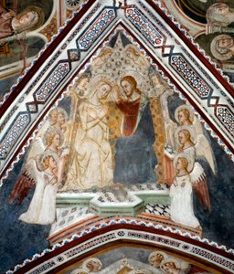 Kröningen av Jungfrufresken av Jungfrukapellet utförd av skolan i Siena på 1300-talet - Klostret St. Benedetto (Sacro Speco), Subiaco (Rom), Italien