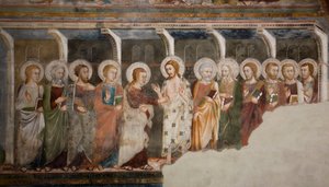 Den incredulite av aposteln Thomas Fresco från skolan i Siena. 1300-talet. Överlägsen kyrka. Klostret Saint Benedetto (Sacro Speco), Subiaco (Rom), Italien av Sienese School