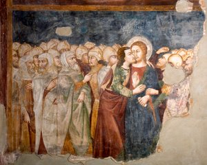 Kyssen av Judas Fresco från skolan i Siena. 1300-talet. Överlägsen kyrka. Klostret Saint Benedetto (Sacro Speco), Subiaco (Rom), Italien