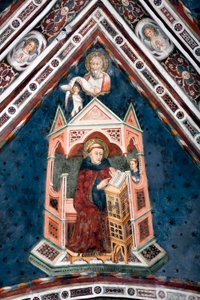Vy över detaljerna i en fresk som dekorerar ett av övre kyrkans valv som representerar de fyra läkarna i den romerska kyrkan: St. Gregoire I den store och evangelisten Saint Mathieu av Sienese School